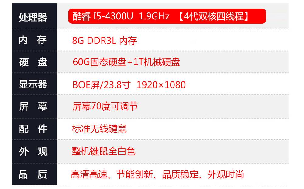 238寸多媒体电脑教学办公电脑台式电脑一体机酷睿i54300u8g