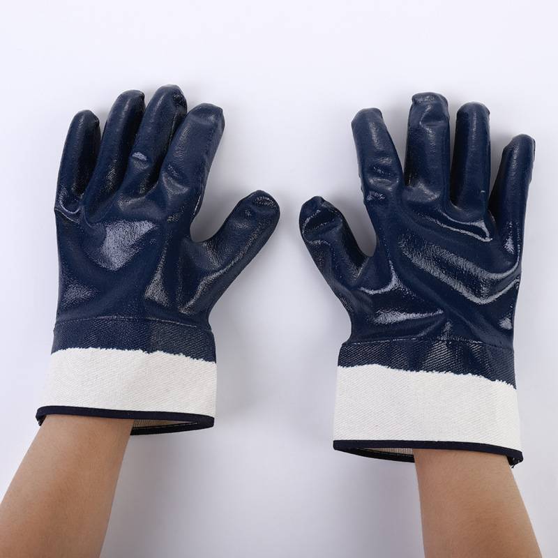 90300015丁腈绒布手套全浸蓝胶耐油石油机械汽修手套