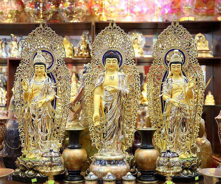 大型贴金铸铜西方三圣像铜雕寺庙西方三圣佛像黄铜西方三圣佛像