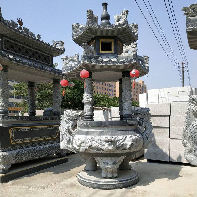 惠安石雕香炉 青石香炉 双龙石雕香炉 寺庙圆形香炉