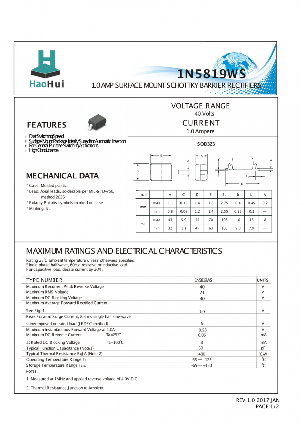 【贴片封装1n5819ws sod-32肖特基二极管40v 1a 580