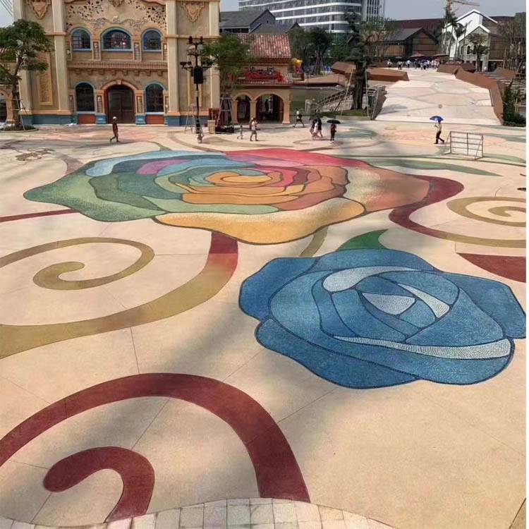 游乐园仿泥土着色艺术地坪哈尔滨砾石聚合物彩色洗砂路面