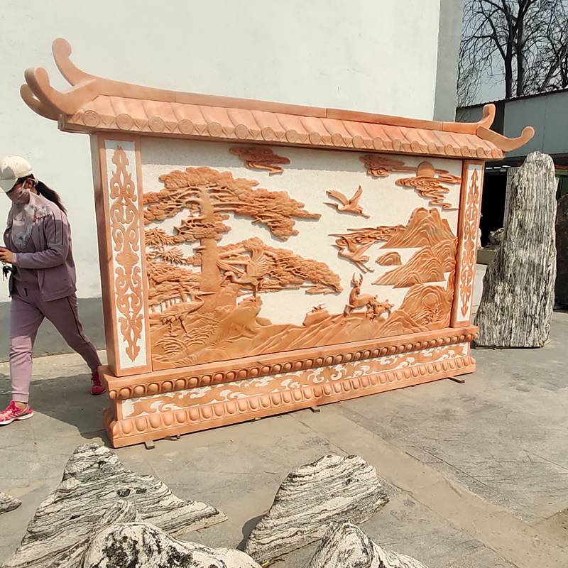 石雕影壁墙照壁天然晚霞红石材门口浮雕刻花屏风壁画雕刻摆件定做