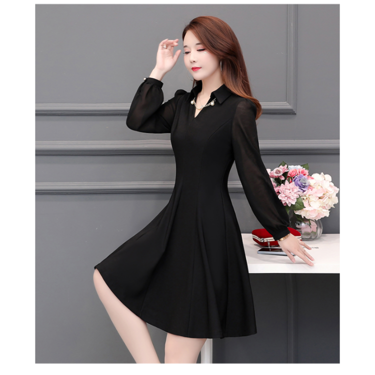 鞍山海城西柳服装批发连衣裙春秋冬19年加绒雪纺长袖黑色气质中长款大