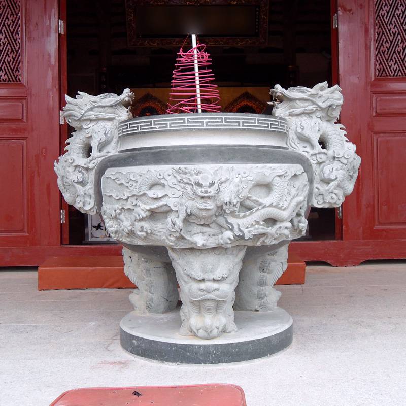 祠堂寺庙摆放青石双龙香炉石材雕刻方鼎石雕天公炉