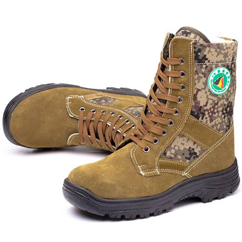 沙色帆布及牛皮制作森林灭火高腰扑火靴森林防火防砸防扎鞋