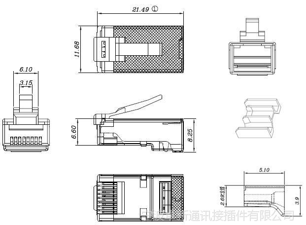 exw超六类三件式屏蔽水晶头金片三叉镀金fu至50u线孔可定制