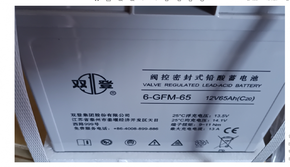 双登 阀控密封式铅酸电池免维护 6-GFM-65（C20）