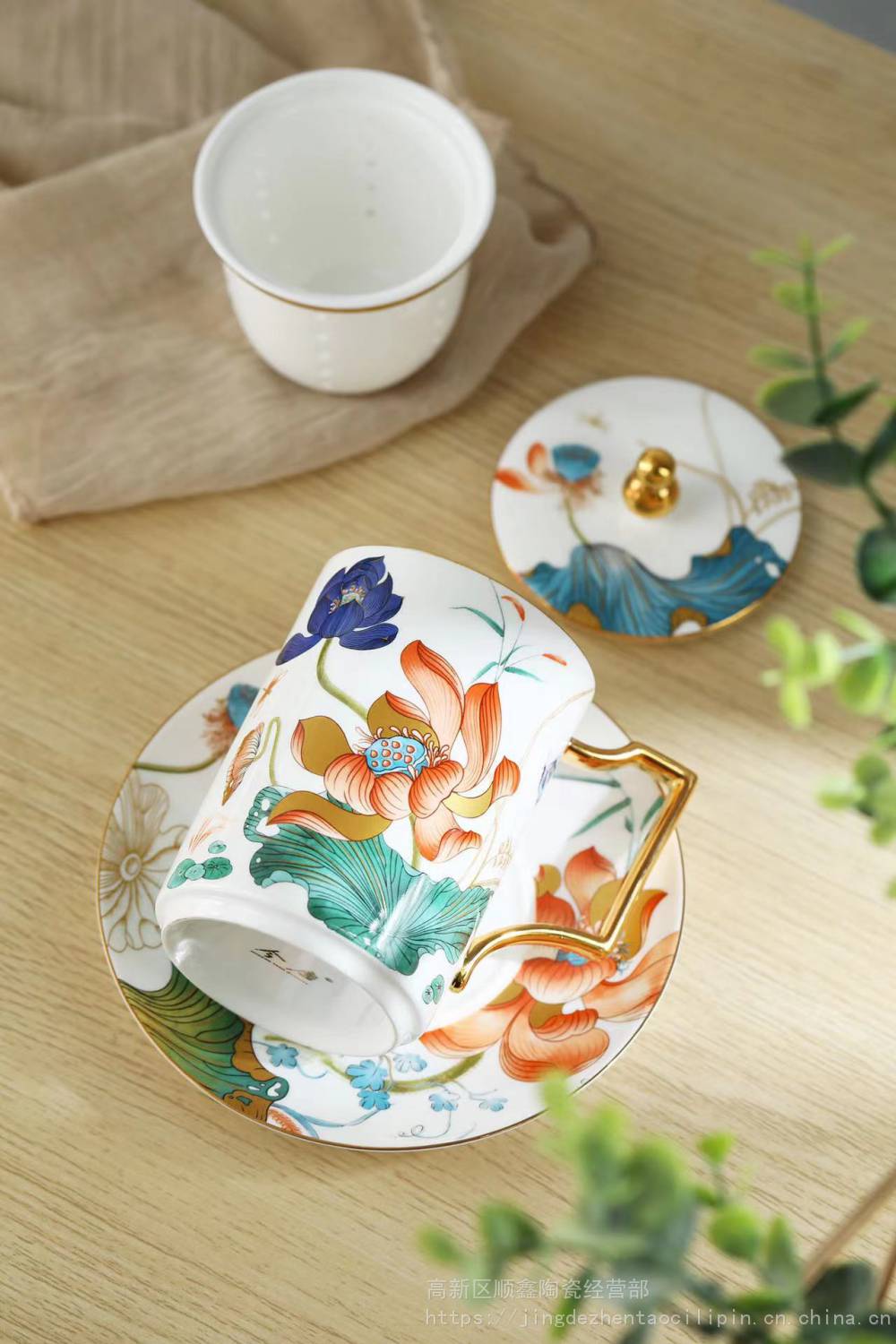 粉彩荷花图案妇女节荷颜悦色国潮文创设计葫芦杯盖过滤办公四件杯