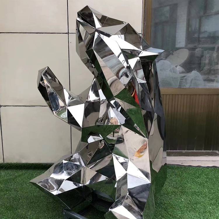 不锈钢镜面几何熊雕塑抽象切面发光动物景观摆件永景园林