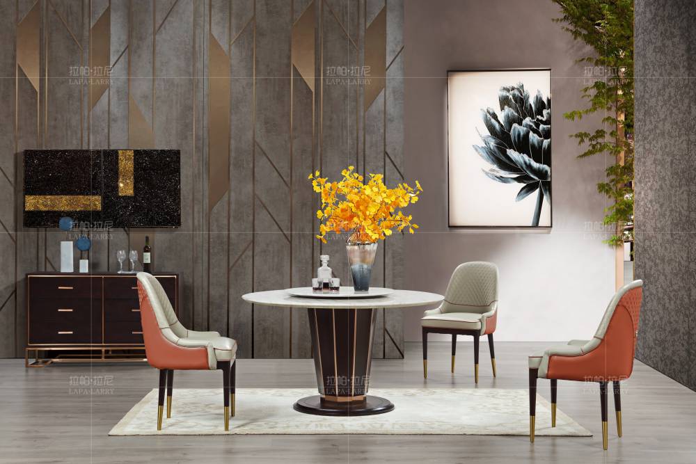 瑞森生活意大利式轻奢不锈钢爵士白大理石圆餐桌