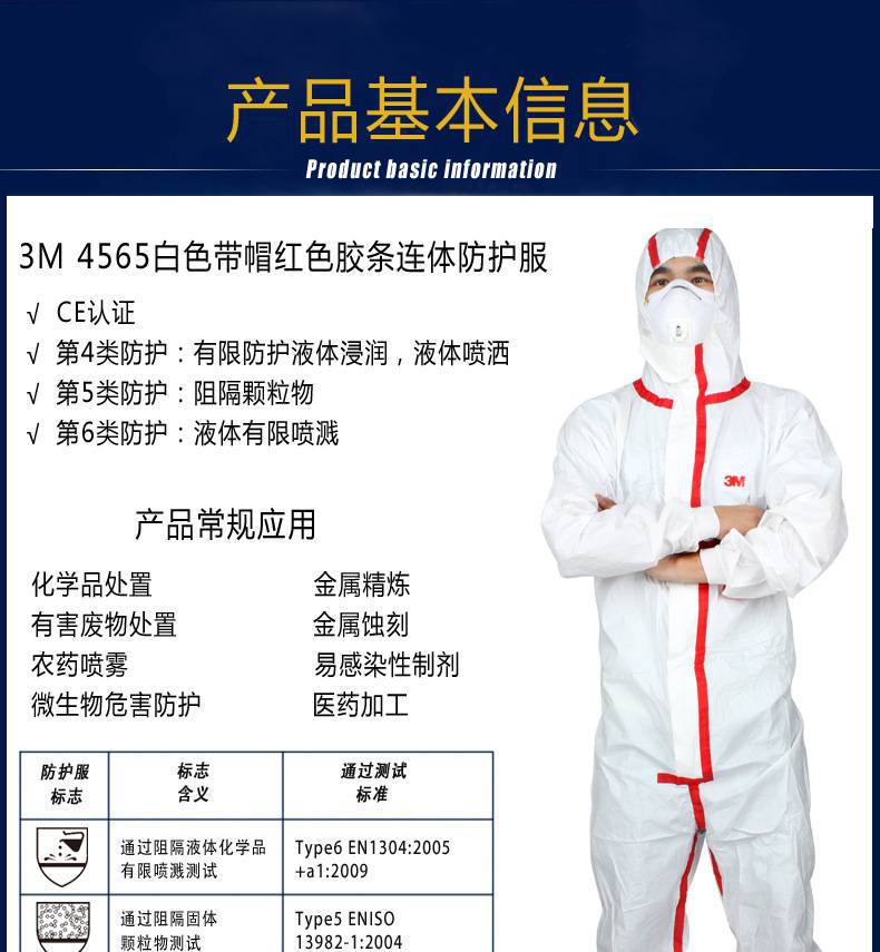 3m4565白色带帽红色胶条连体防护服防尘防化劳保服