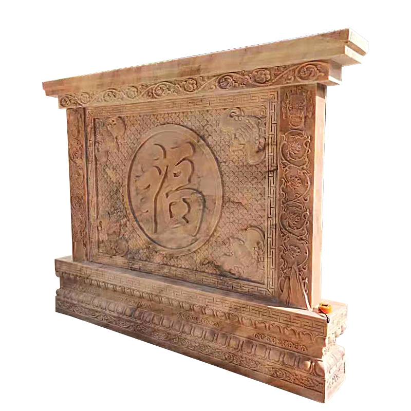 石雕影壁墙晚霞红中式迎客松屏风背景墙大理石庭院装饰双面福字浮雕