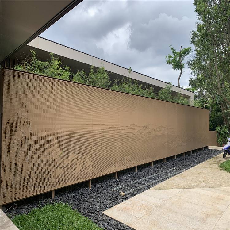 中国风艺术不规则孔铝单板山水画安装效果细节图