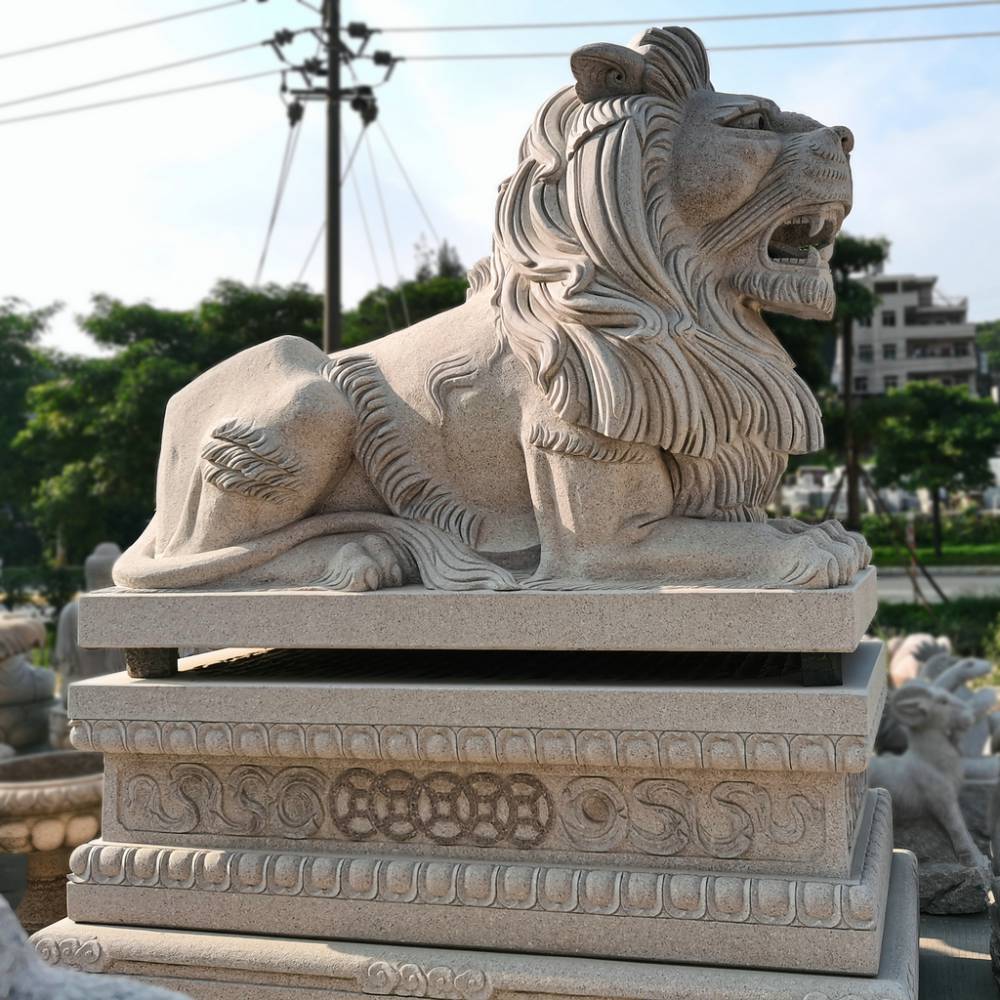 银行门口摆放石雕港币狮芝麻白石狮子石材迎宾狮