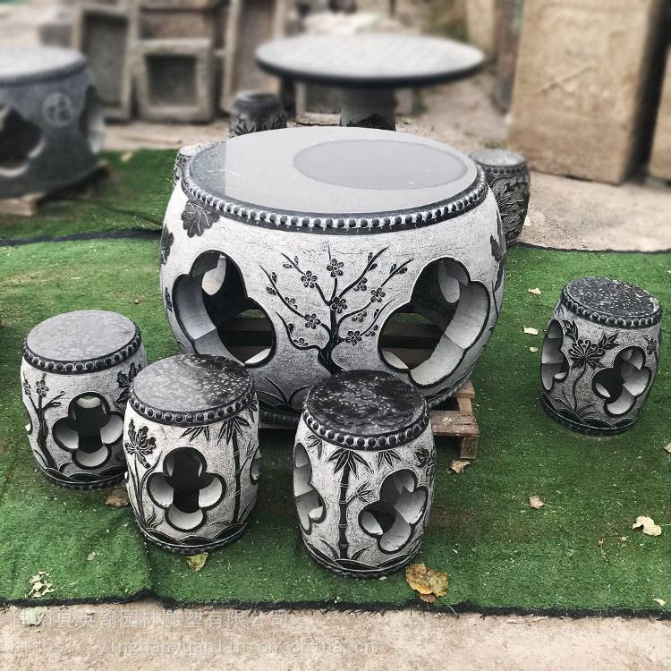 青石仿古石桌石凳庭院花园圆桌圆椅凳子做旧圆桌大理石户外复古石桌