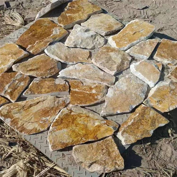 庭院乡村黄色石英岩碎拼石黄砂岩冰裂纹碎拼石黄色木纹石碎拼石