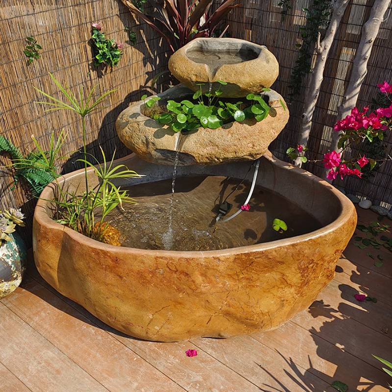 原石叠层流水摆件石雕鱼池户外鱼缸庭院石缸造景水槽水景石语三友