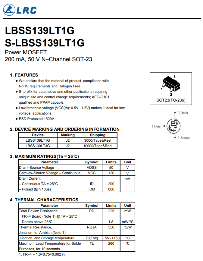 LBSS139LT1G N沟道MOS管SOT23 LRC乐山原装0.2A 50V - 供应商网