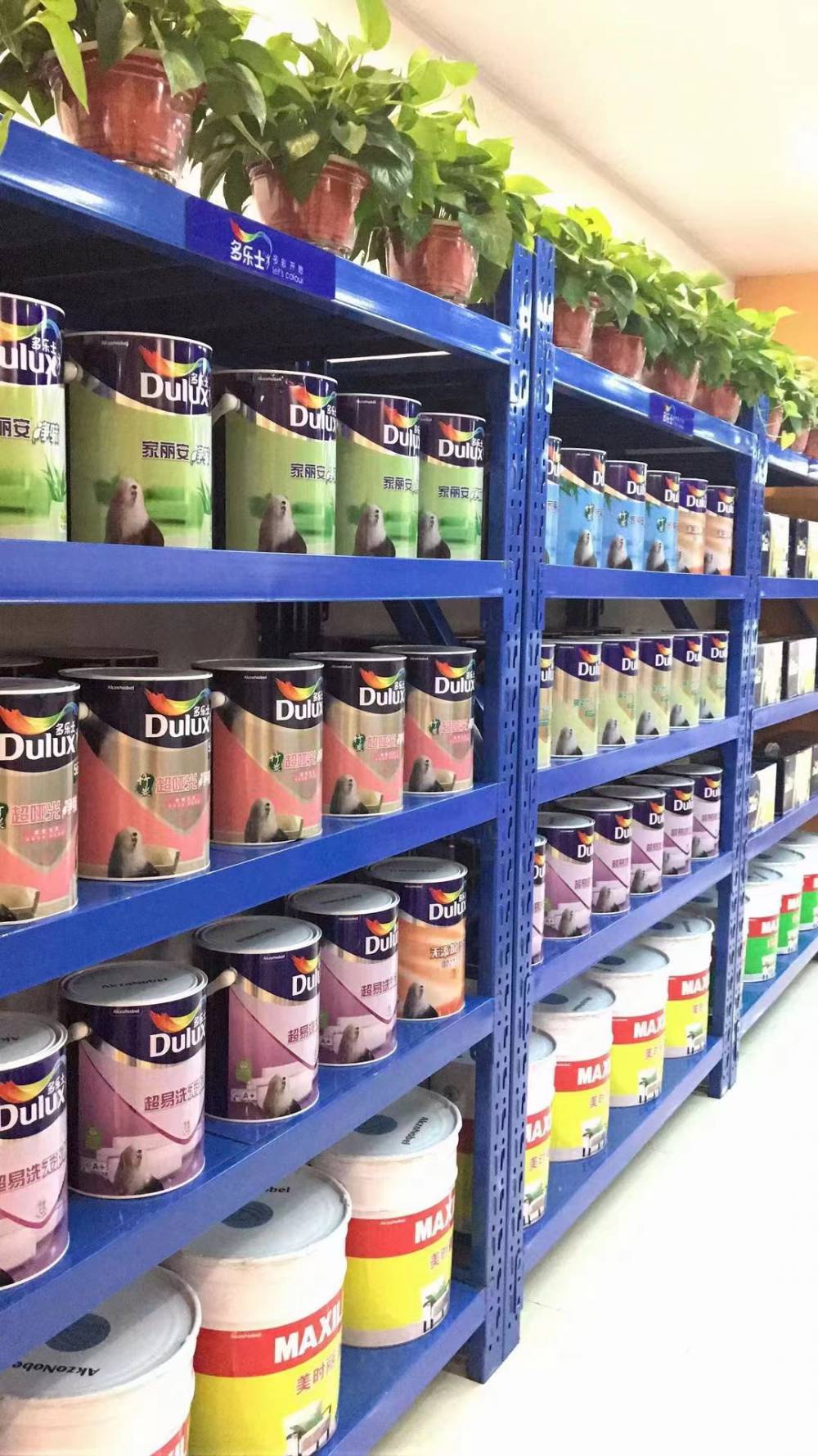 多乐士乳胶漆货架蓝色仓储货架金属机油架子可订制油品架子