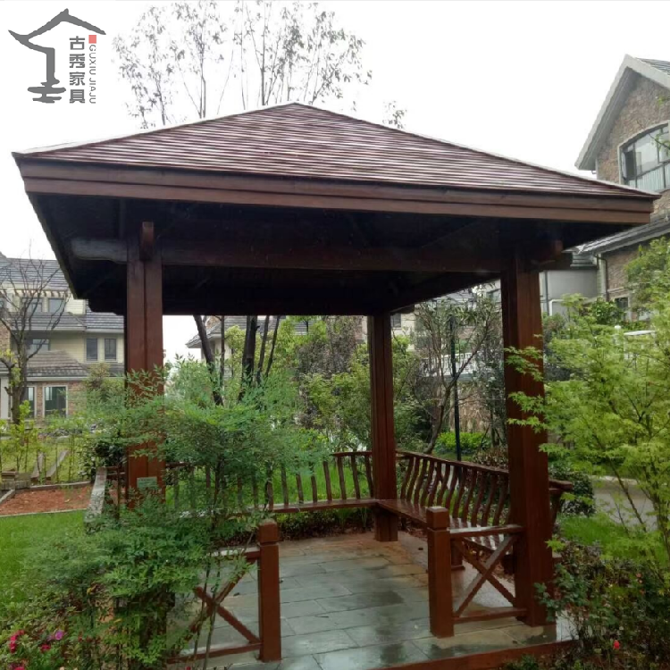 【花园别墅木质四角凉亭 小青瓦六角凉亭 古建防腐木亭子安装图片】花