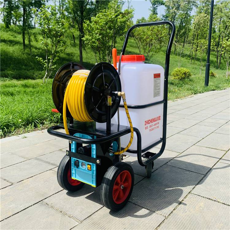 加工销售电动打药机自动卷管手推车打药机12v电动充电喷雾机图片
