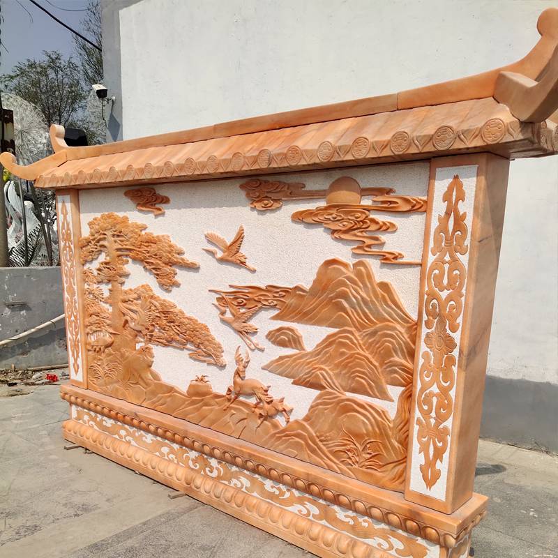 石雕影壁墙照壁天然晚霞红石材门口浮雕刻花屏风壁画雕刻摆件定做