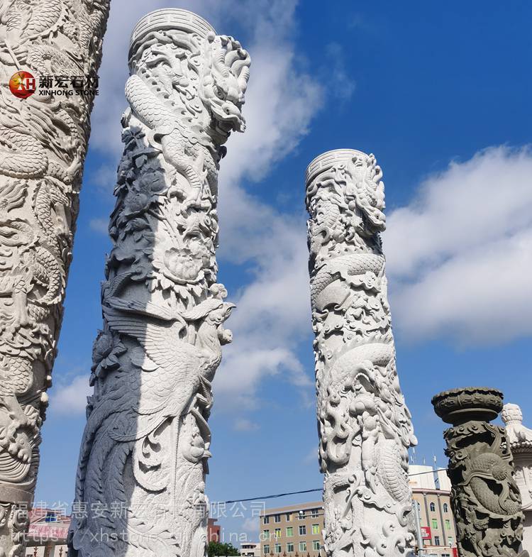 石雕龙凤呈祥浮雕圆形柱整石雕刻结构高浮雕