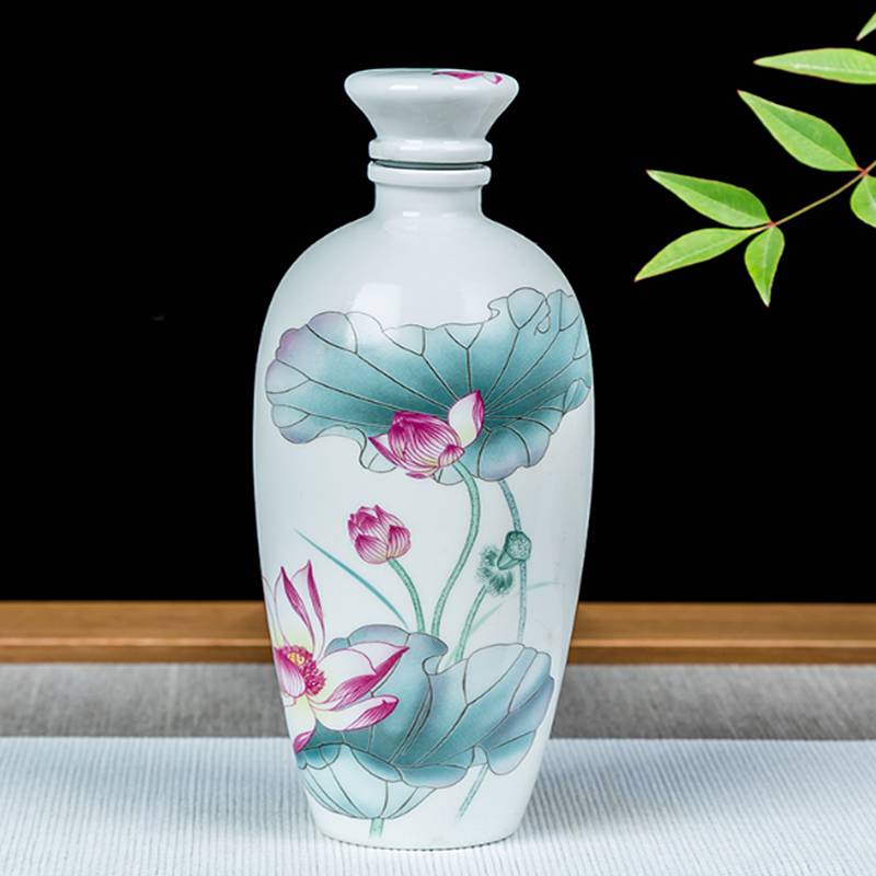 手绘荷花家用白酒酒瓶1斤装一斤装陶瓷空酒瓶古风简约陶瓷酒瓶