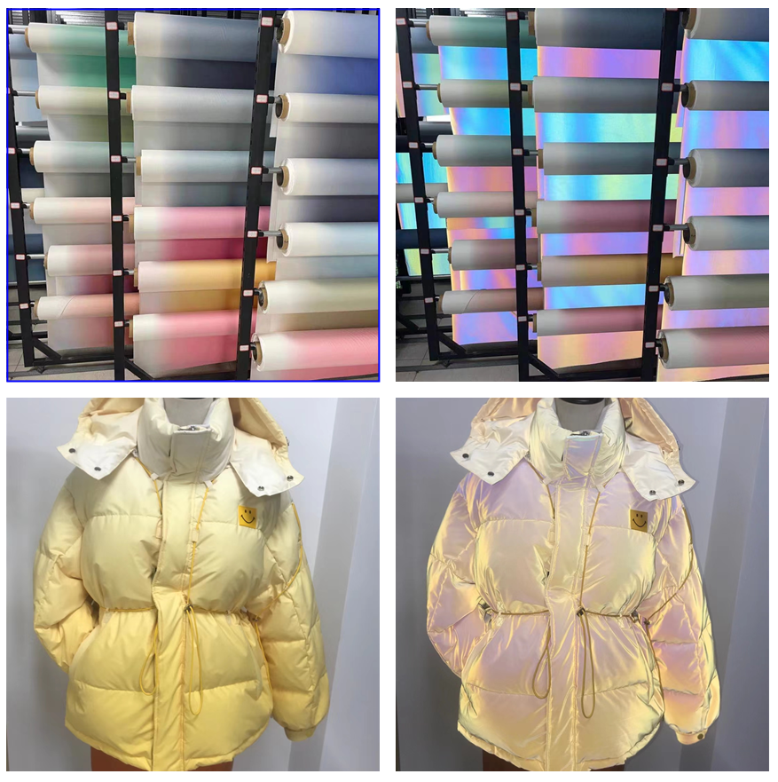 工厂柔软化纤羽绒服户外功能性反光面料高亮渐变色七彩反光布图片