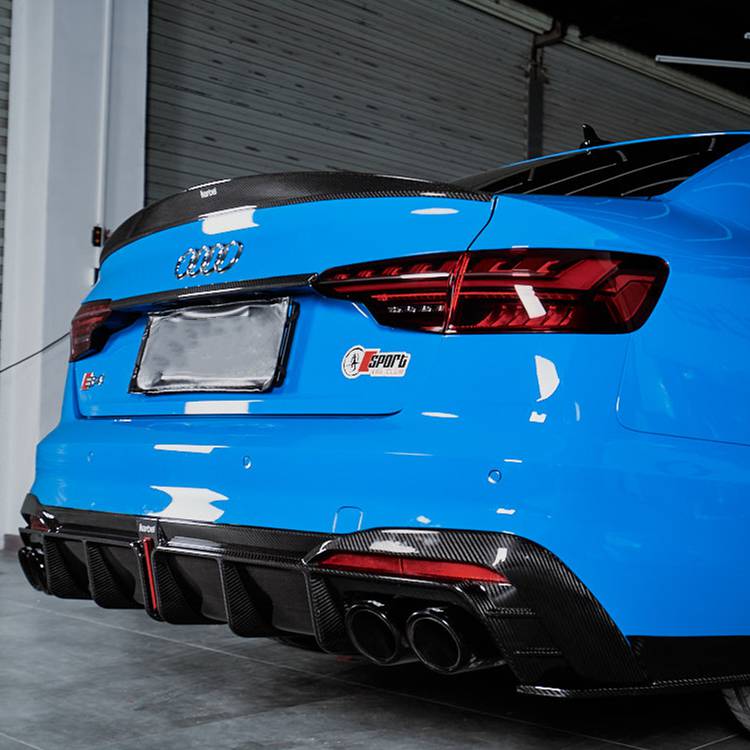 2022奥迪a4s4改装卡布尔碳纤维替换后唇前唇雾灯框风刀小包围套件