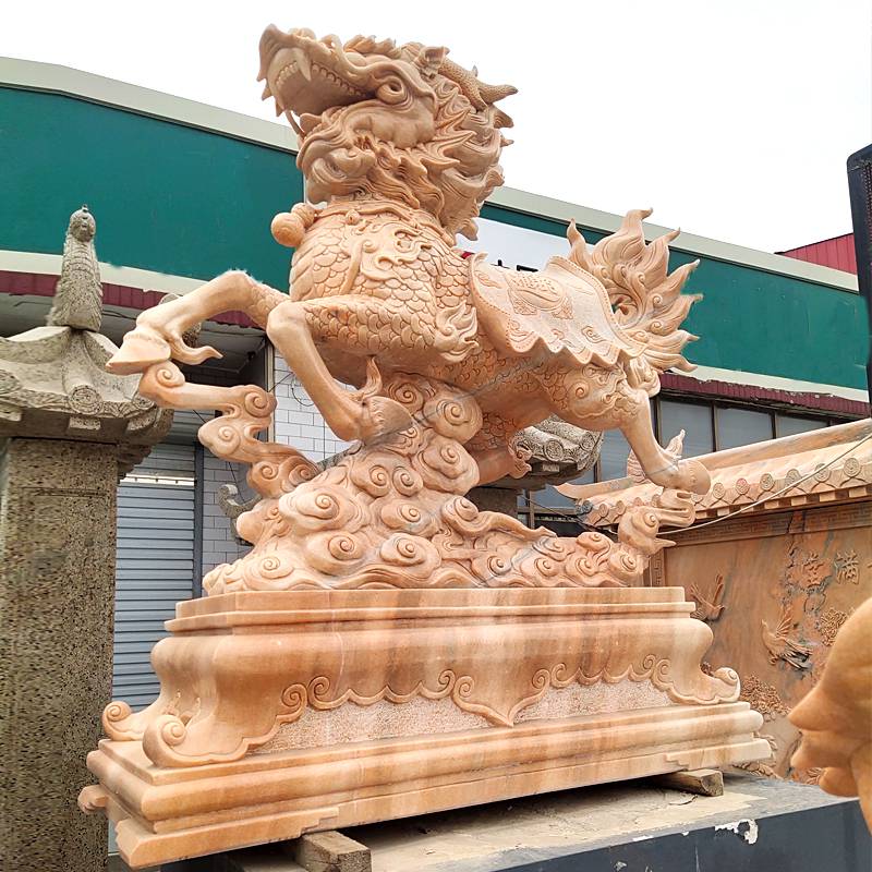 【石雕麒麟一对晚霞红门口镇宅招财神兽动物园林景观雕塑摆件】价格_