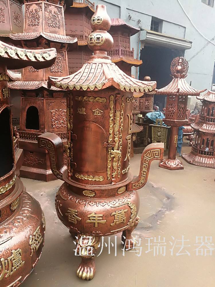 厂家直销圆形铸铁铸铜防腐耐锈描金图案焚经炉_鸿瑞法器仿古铜色陵园墓地焚经炉