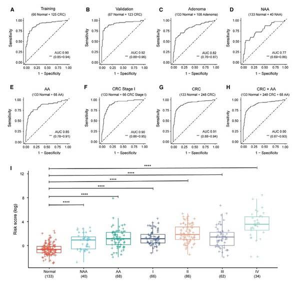 Figure 4. The performance and risk score of the cell-free DNA methylation model in detecting adenoma and CRC patients.