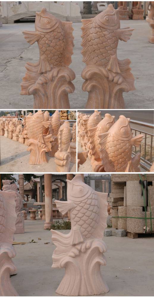 曲阳石雕喷水鱼晚霞红汉白玉吐水鱼鲤鱼跳龙门喷泉摆件