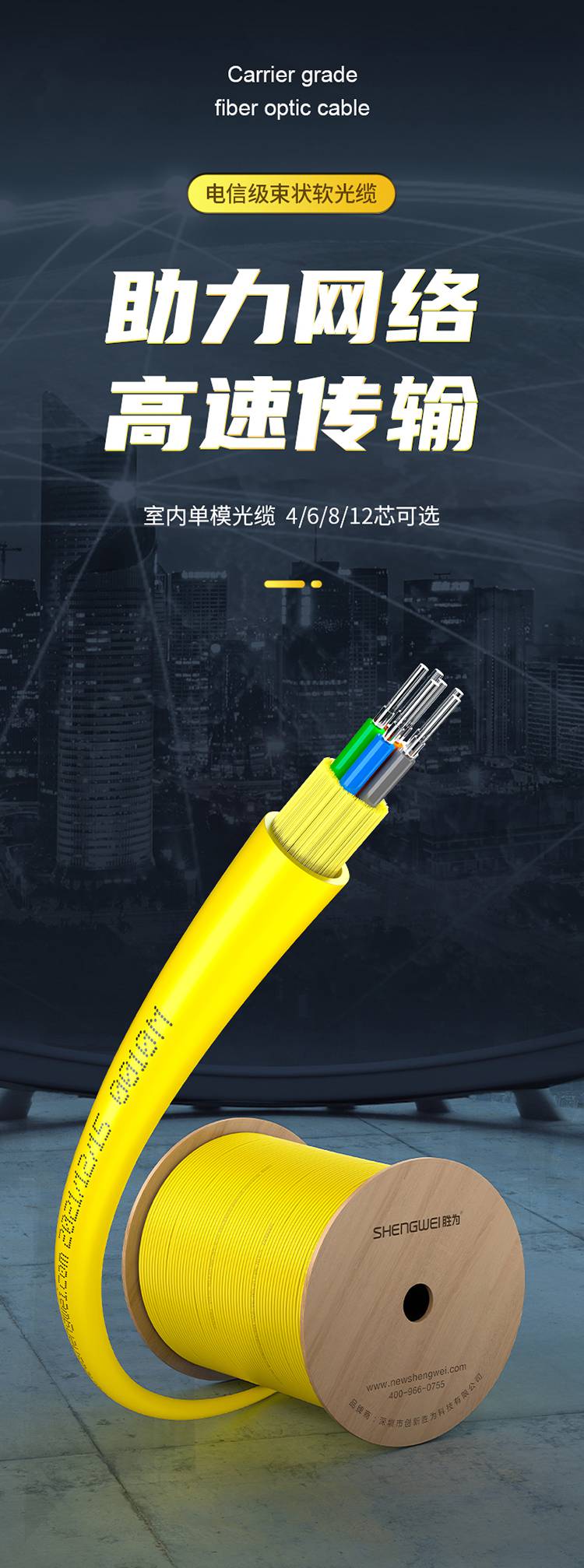 胜为6芯单模9125室内光纤光缆2000米