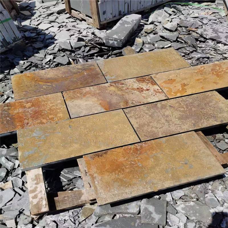 曲径通幽黄色碎拼石外墙贴片石黄色板岩片石
