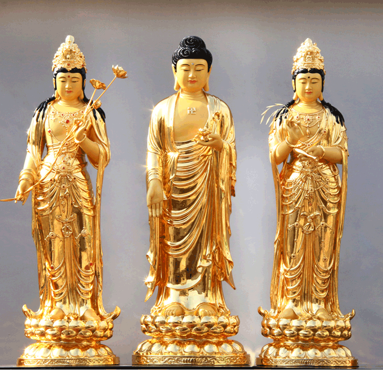 铸站像西方三圣铜佛像纯铜华严三圣净瓶观音铜像