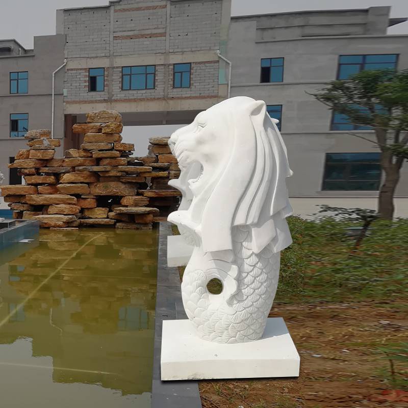 石雕鱼尾狮汉白玉水池景观吐水狮头鱼尾动物流水喷泉雕塑定做
