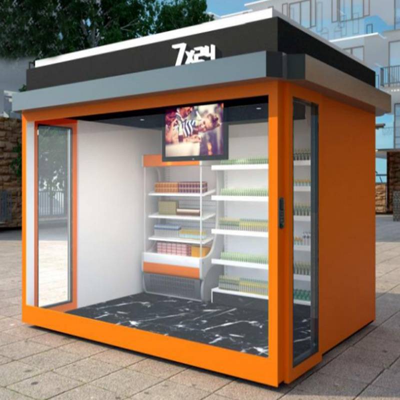 街边奶茶饮品创意售卖亭_金属雕花板移动岗亭规格6*3*3m种类售货亭