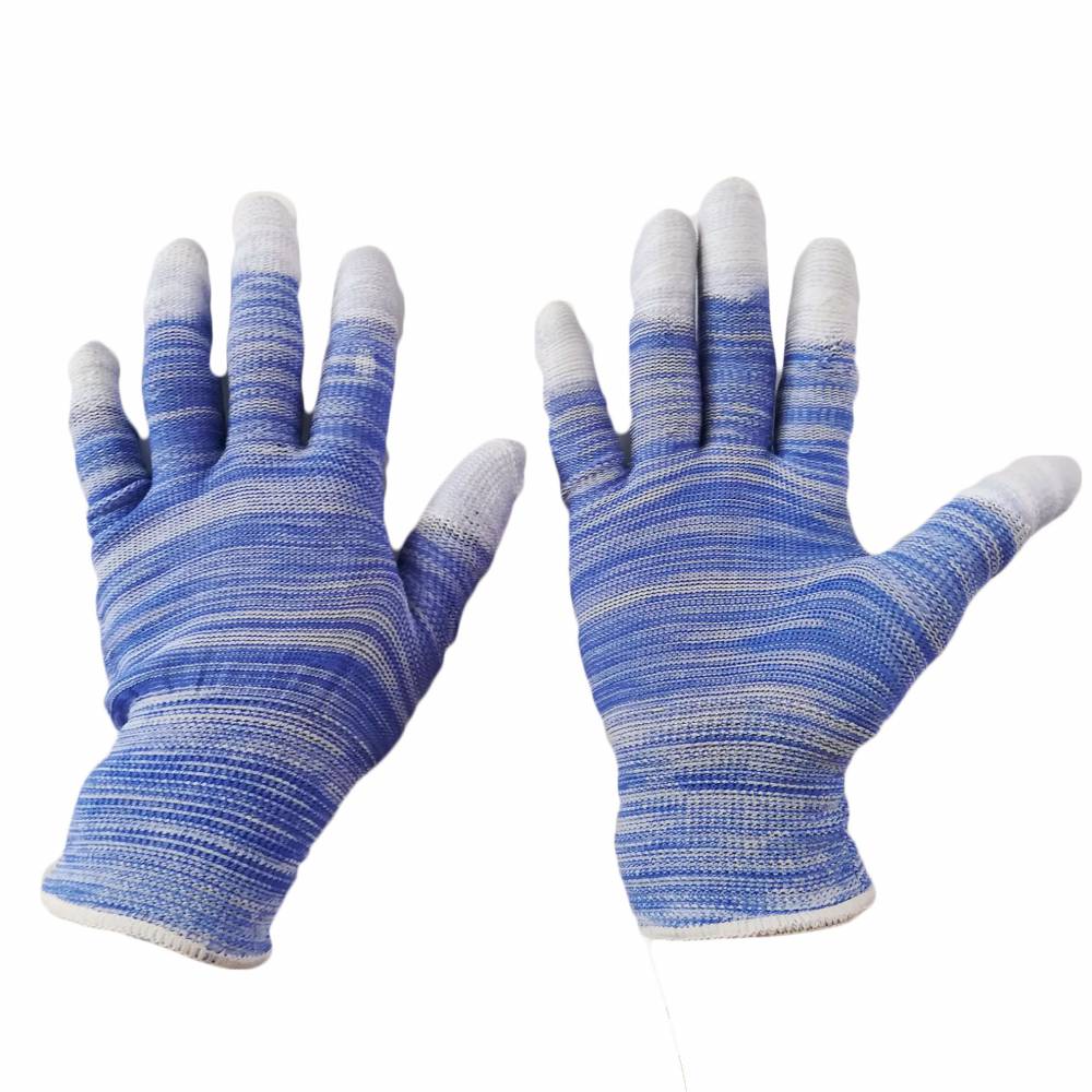 13针薄款蓝白条纹pu涂指劳保防护手套图片