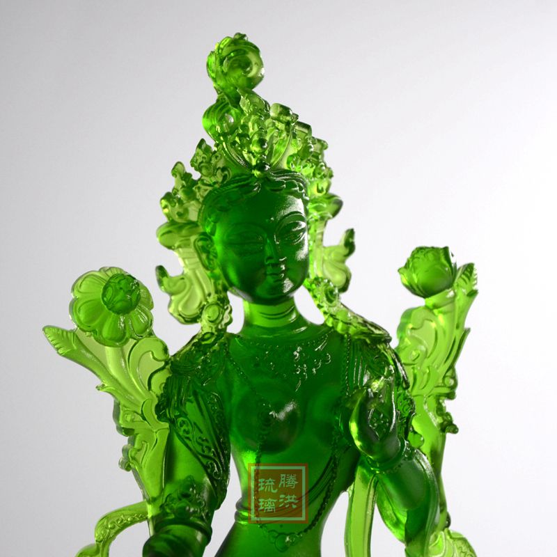 古法琉璃佛像大号小号绿度母盘坐莲台左右手持乌巴拉花蓝莲花救八难度