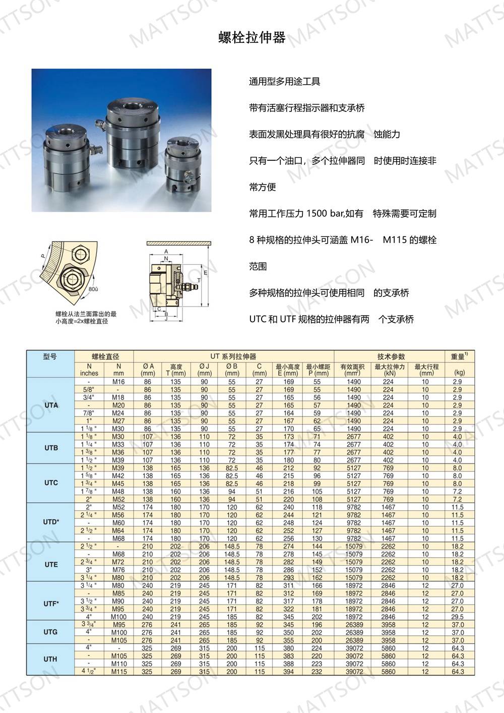 液压拉伸器对照表MATTSON阜锦机械