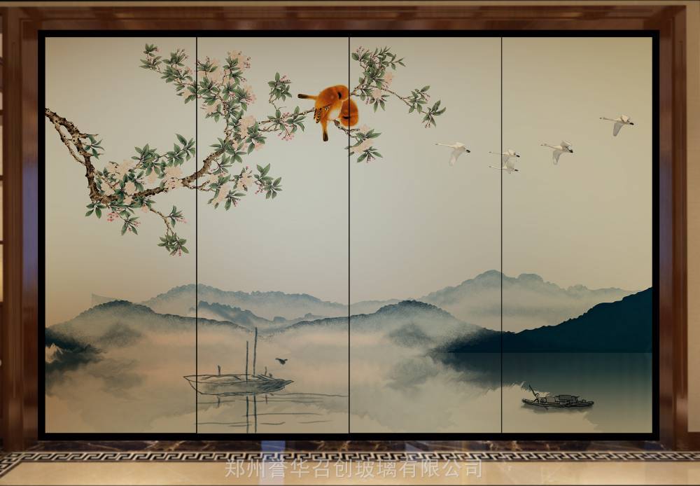 供应夹丝玻璃水墨山水画玻璃移门隔断背景墙