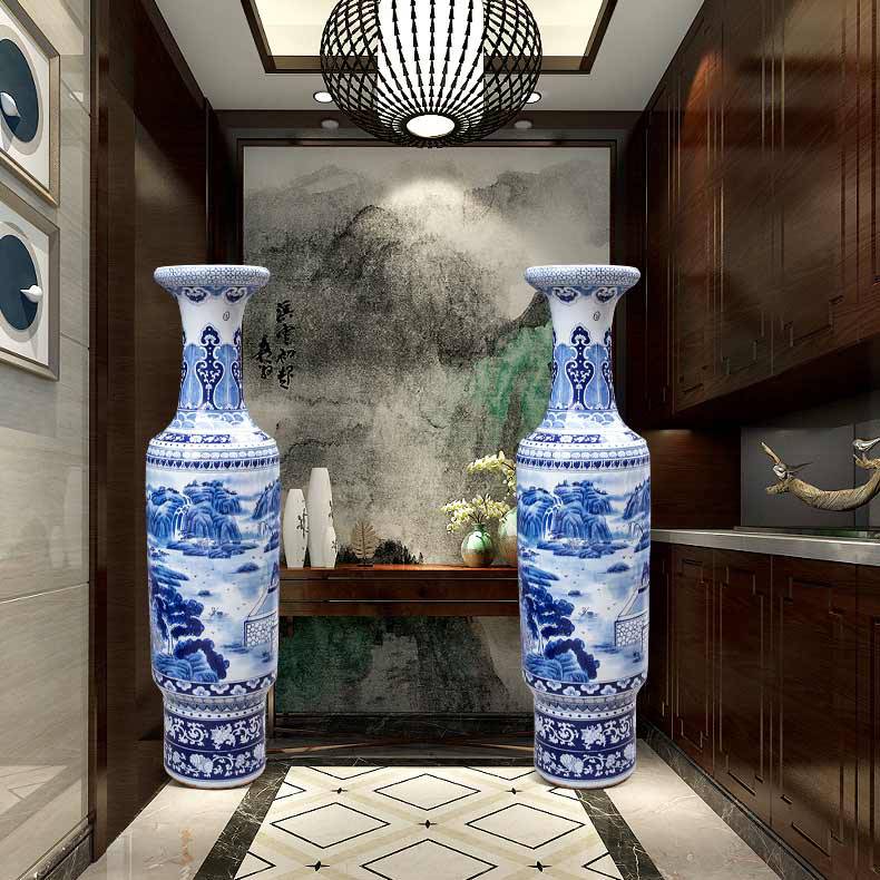 新中式仿古瓷器大花瓶景德镇青花山水大花瓶开业贺礼落地大花瓶
