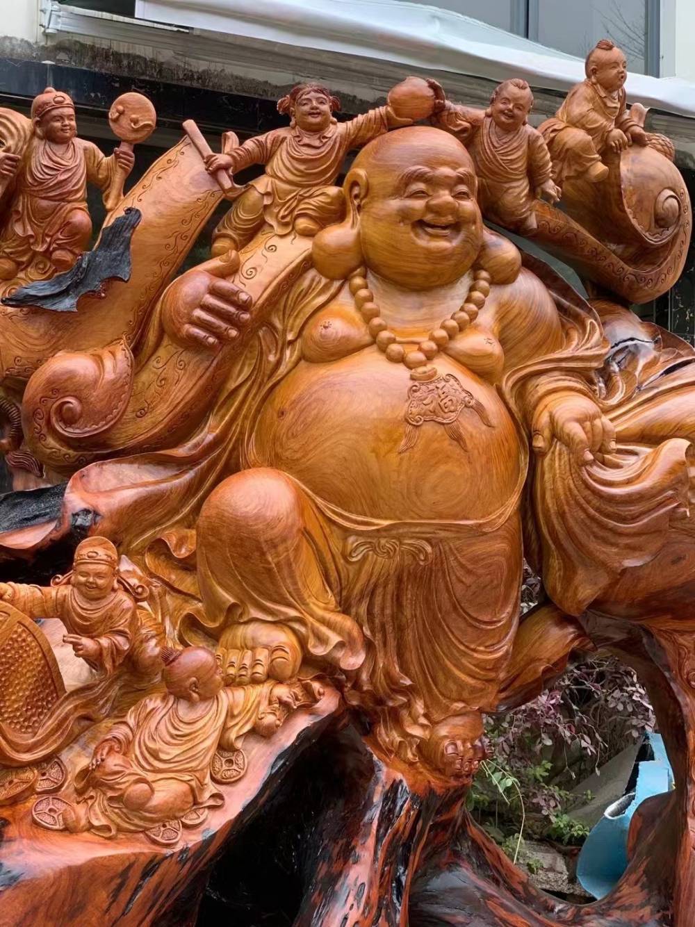 红木花梨弥勒佛大型根雕摆件定制风水办公室酒店装饰木雕