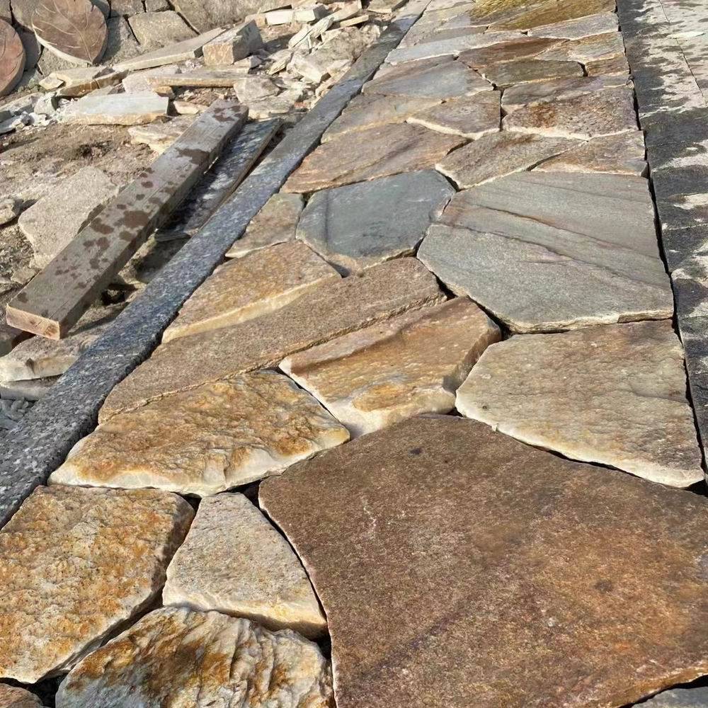 黄毛石铺地石板 锈石英碎拼垒墙石砌墙石 锈色片石文化石