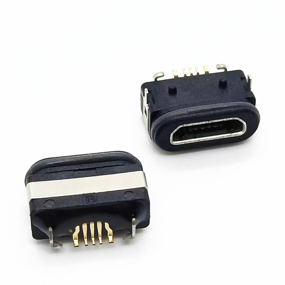 MICRO USB B型防水母座 前插后贴 5PIN 大电流 有柱 两脚插板