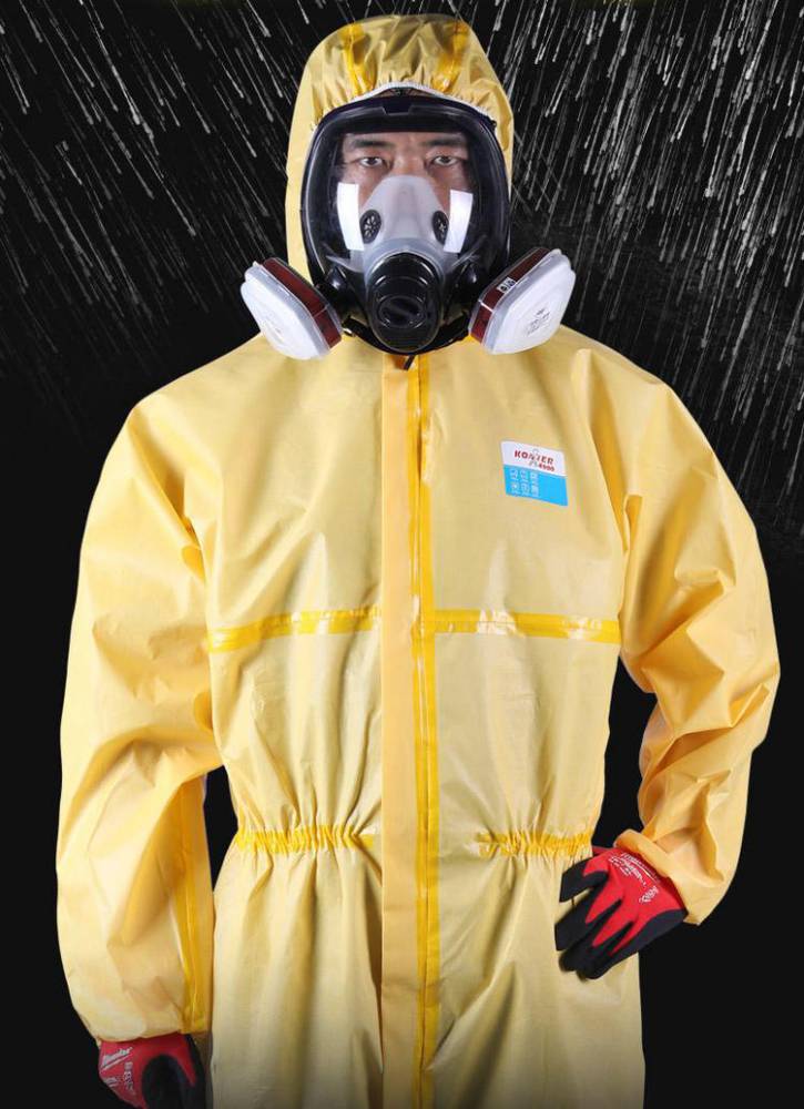 皓驹一次性工用带胶条防护服type5eniso139821对有害干燥颗粒物提供