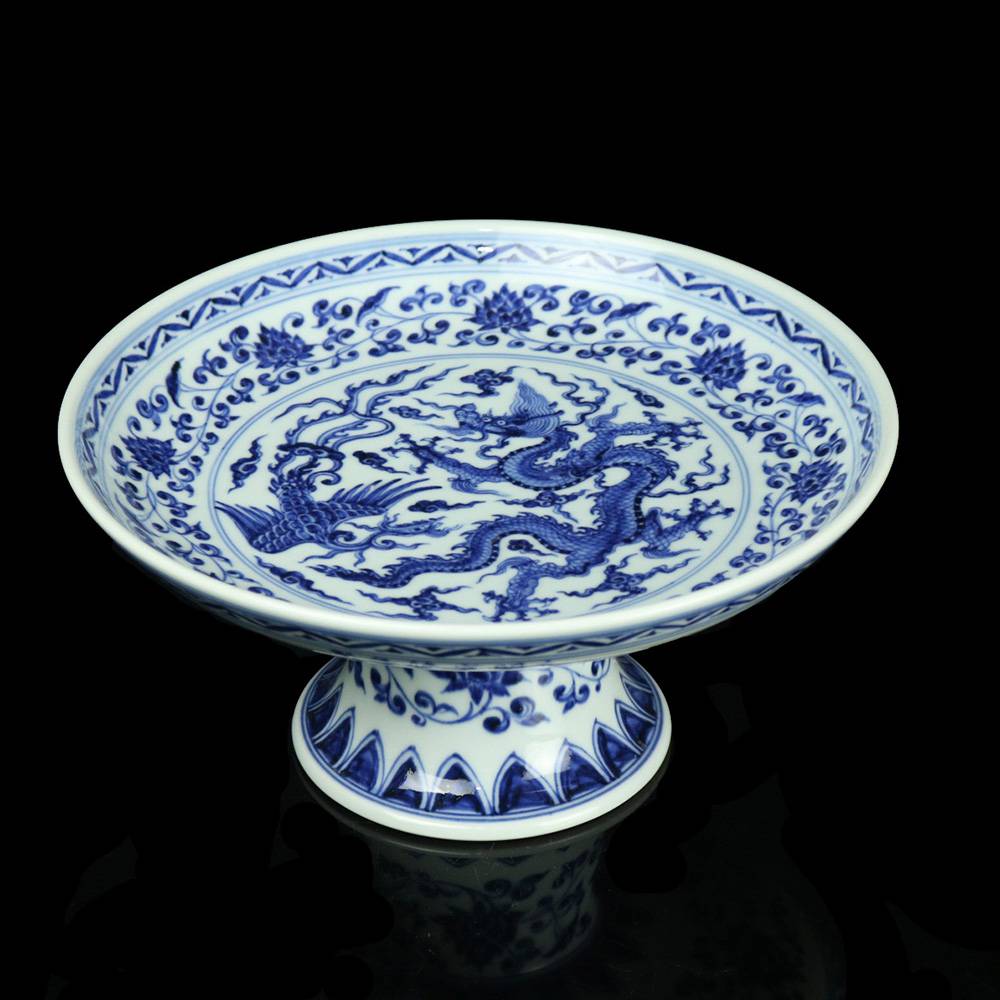 景德镇陶瓷器青花碗盘定制中式复古高脚果盘家居水果点心盘